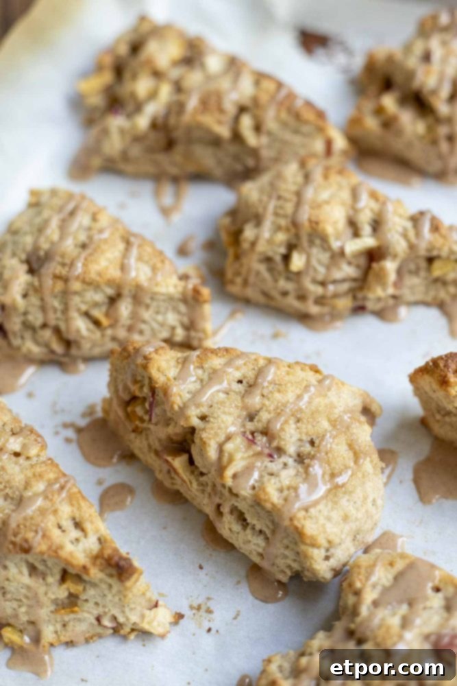 A parchment-lined baking sheet showcasing eight raw sourdough apple scones, shaped into wedges and ready for the oven, topped with a sprinkle of brown sugar for a golden finish.