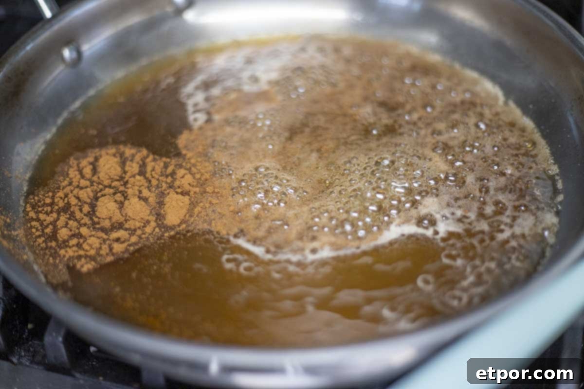 sugar, water, and cinnamon in a skillet.