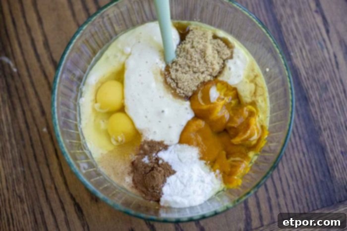 eggs, sourdough starter, brown sugar, pumpkin puree, pumpkin spice, baking soda, baking powder in a bowl.