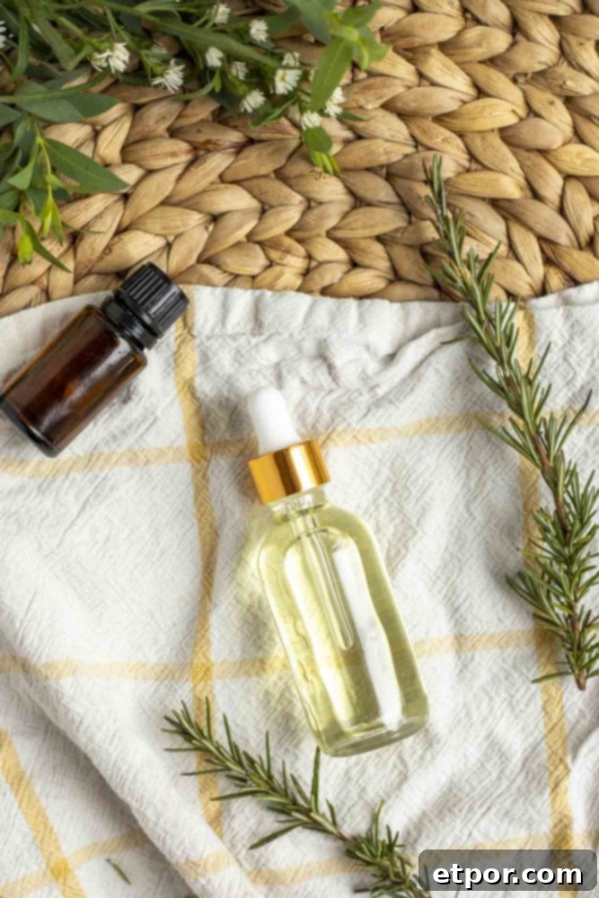 Boost Hair Growth with Homemade Rosemary Oil 5 overhead picture of bottle of hair oil laying on a towel on a placemat surrounded by rosemary and an essential oil bottle