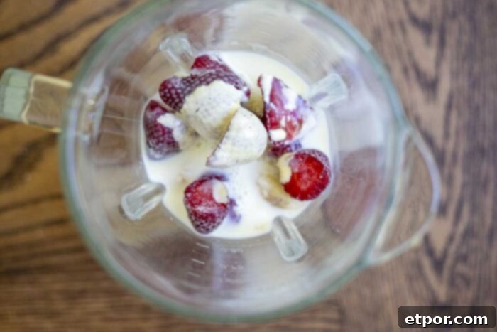 Blender filled with frozen strawberries, frozen banana, milk, a splash of cream, and maple syrup, ready to be blended into a delicious milkshake.