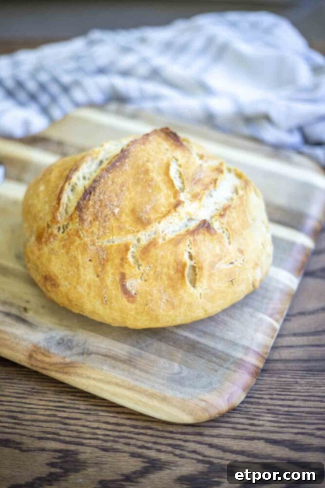 loaf of crusty sourdough discard bread on a wood cutting board sitting on a wood table with a plaid towel in the background