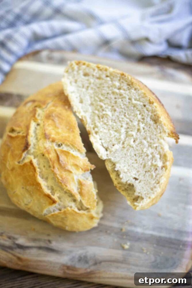 a loaf of sourdough discard bread sliced in half and one side is resting on the other. The loaf is on a wood cutting board with a plaid towel in the background