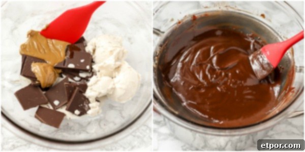The left image displays a clear glass bowl filled with solid pieces of dark chocolate, thick coconut cream, a dollop of nut butter, and a drizzle of maple syrup, ready for melting. The right image shows the same ingredients after they have been melted together and thoroughly mixed, resulting in a smooth, glossy, and uniform chocolate ganache.
