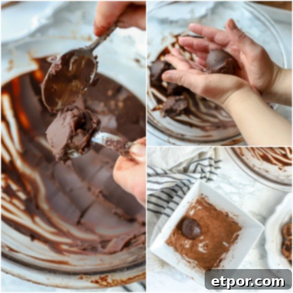 The top-left image shows a spoon scooping out a portion of the vegan ganache. The top-right image captures hands gently rolling the chilled ganache into a smooth, round ball. The bottom-right image shows a freshly rolled truffle being coated in cocoa powder, ready for presentation. These images collectively illustrate the process of transforming the ganache into finished vegan truffles.