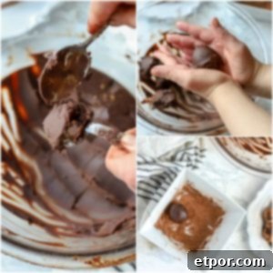 5 Malzemeli Baştan Çıkarıcı Vegan Trüf 9 A visual sequence demonstrating the final steps of truffle making: the left picture shows a spoon scooping out portions of the chilled vegan ganache, the top right picture depicts hands rolling the ganache into perfect balls, and the bottom right picture shows a rolled truffle being coated in cocoa powder, ready to be enjoyed.