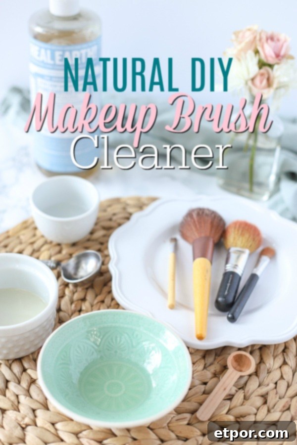 Natural Homemade Brush Wash 2 Natural DIY makeup brush cleaner in a teal bowl on a ratan placemat with makeup brushes and ingredients behind it