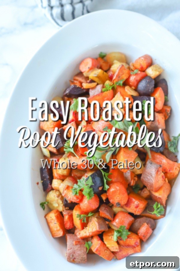 Rustic Roasted Root Vegetables 2 roasted root vegetables in a white dish, showcasing a colorful and healthy side dish
