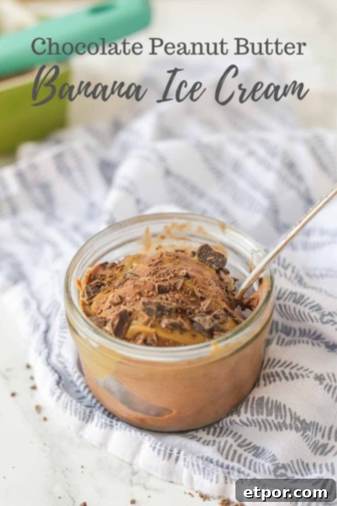 Chocolate Peanut Butter Banana Dream Freeze 2 Homemade chocolate peanut butter banana ice cream in a clear glass dish, perfect for a healthy dessert