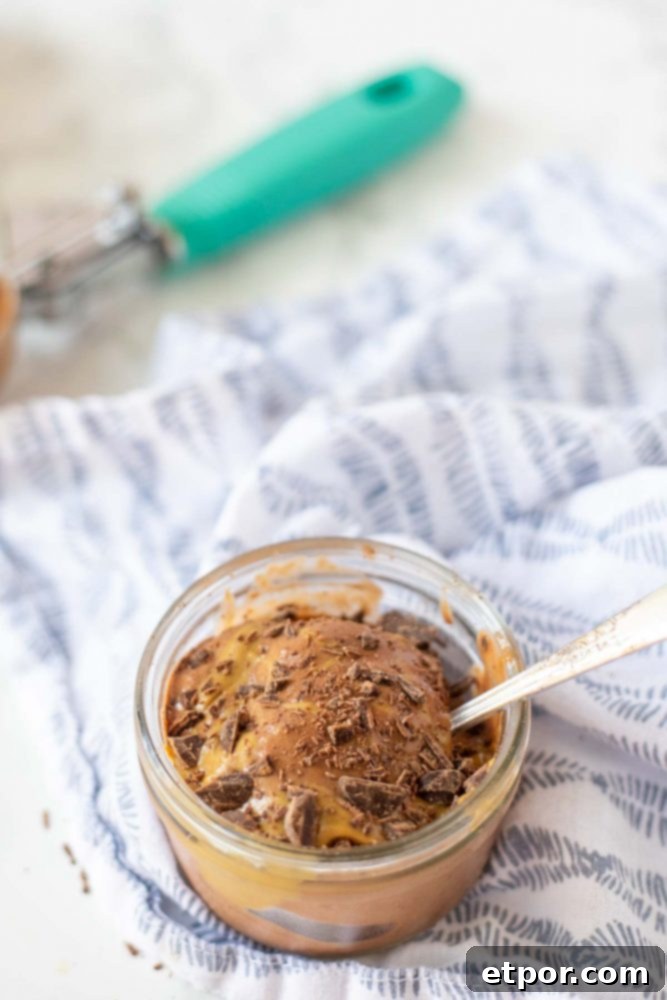 Chocolate Peanut Butter Banana Dream Freeze 5 A short glass dish of chocolate peanut butter banana nice cream, topped with a generous drizzle of peanut butter and chocolate shavings. An antique spoon is inserted into the ice cream, with a teal ice cream scoop visible in the soft-focused background.