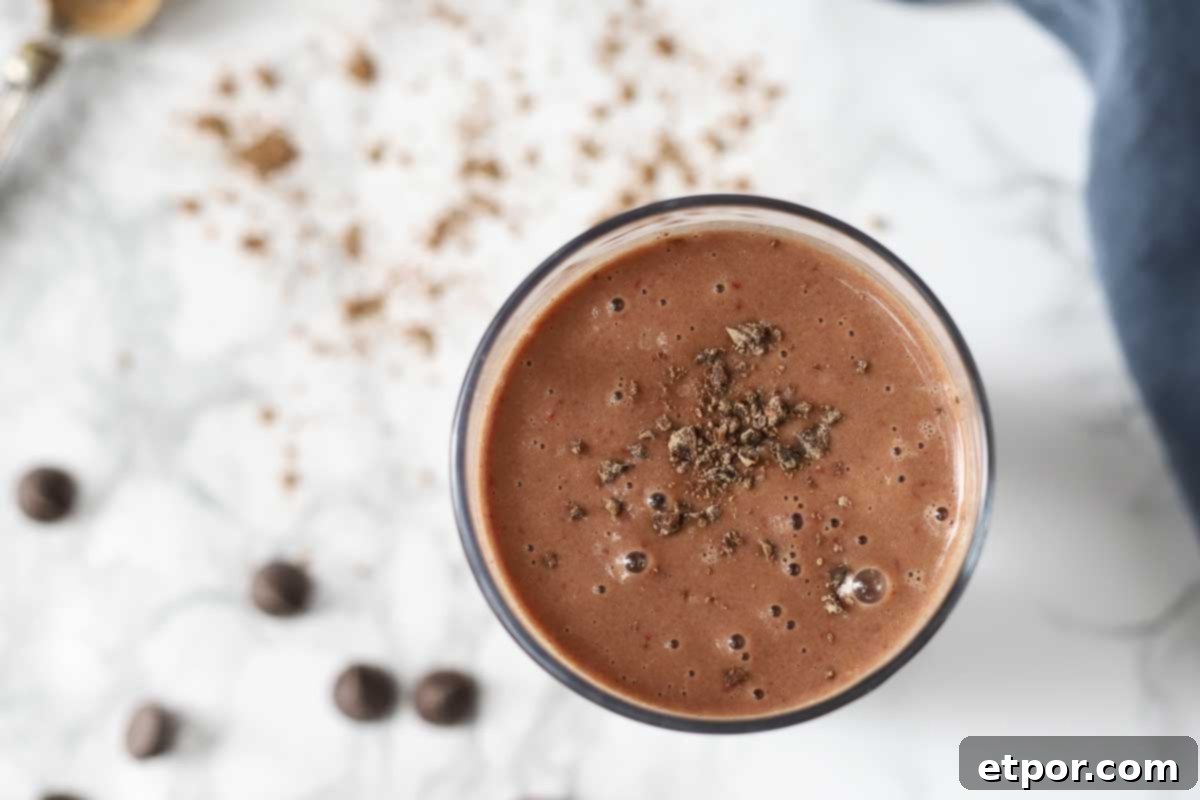 overhead shot of chocolate veggie smoothie.