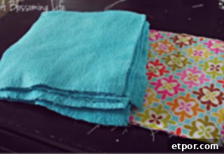 Cutting terry cloth and cotton fabric into 10x10 inch squares for unpaper towels