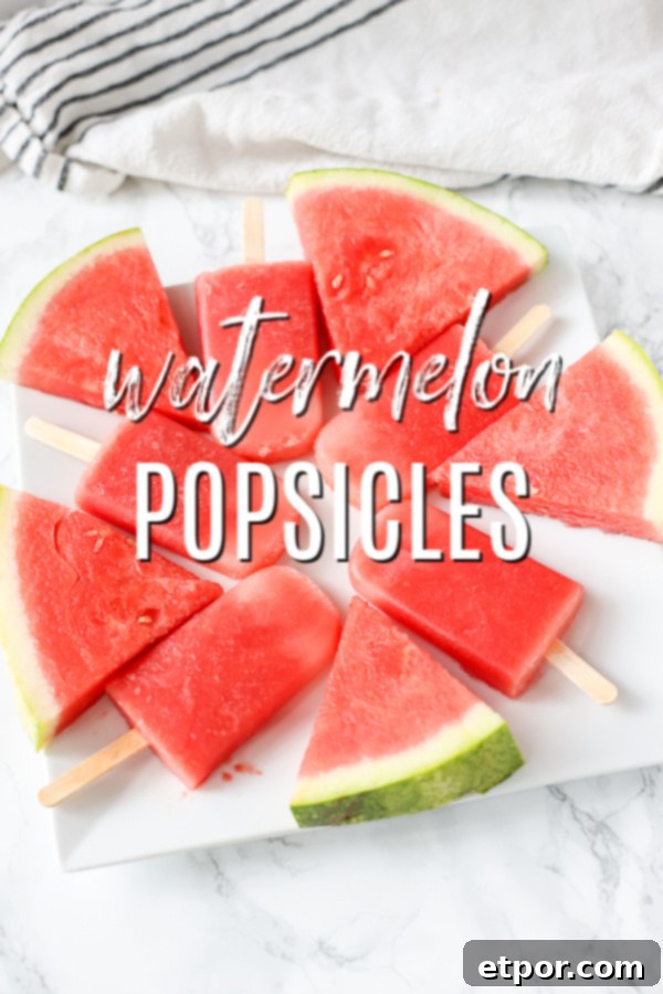 Refreshing Watermelon Pops 2 watermelon popsicles on a white plate with watermelon