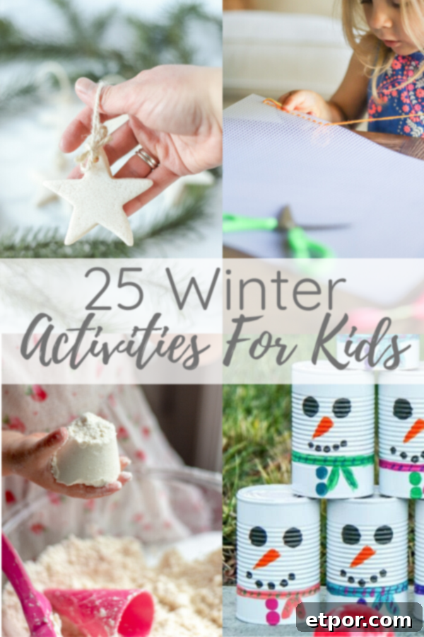 Collection of diverse winter activities for children, showcasing both indoor crafts and outdoor play in snowy settings.