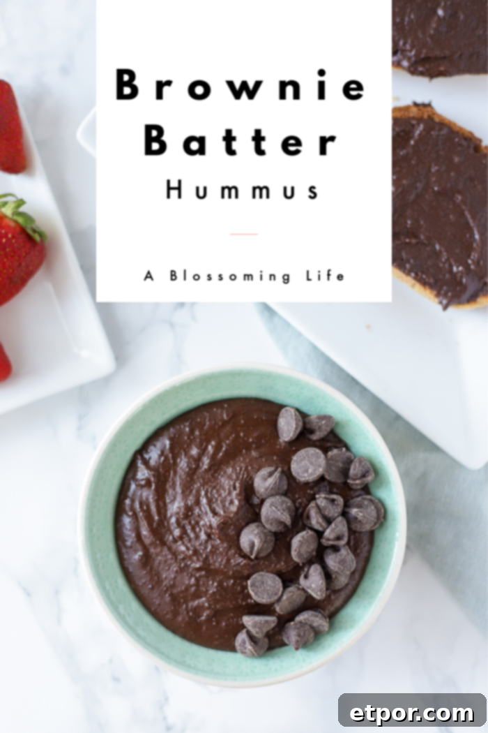 bowl of brownie batter hummus with chocolate chips on a marble counter