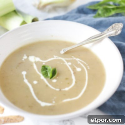 A bowl of creamy leek and potato soup, beautifully presented in a white bowl with an antique spoon resting on a blue napkin, highlighting its inviting texture.