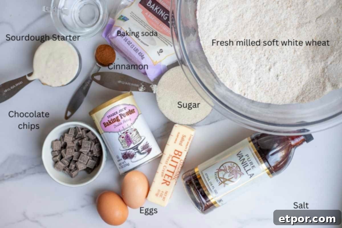 Artisan Chocolate Chunk Muffins with Whole Grain Sourdough 3 eggs, butter, flour, sourdough starter, and other ingredients on a countertop.