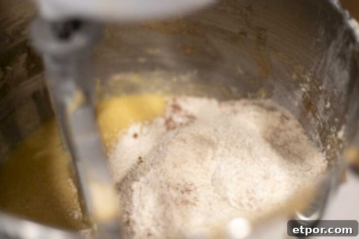 Artisan Chocolate Chunk Muffins with Whole Grain Sourdough 5 Adding dry ingredients to wet ingredients in a stand mixer.