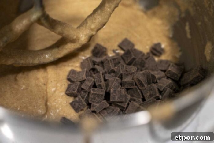 Artisan Chocolate Chunk Muffins with Whole Grain Sourdough 6 Adding chocolate chips to muffin batter.