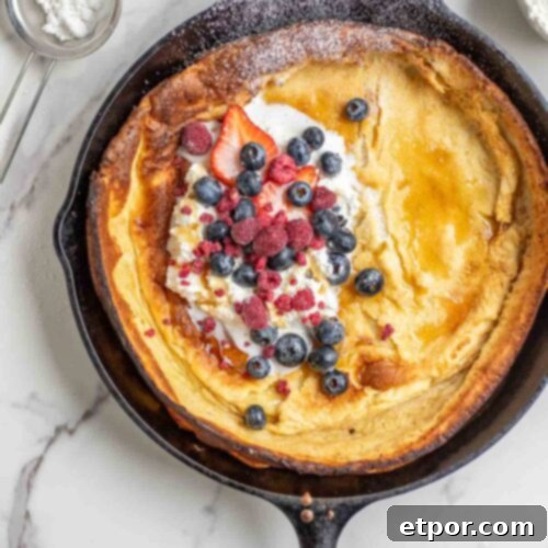 Dutch baby pancake topped with whipped cream, blueberries, strawberries, raspberries, and powdered sugar in a cast iron skillet. The skillet is surrounded by blueberries and a sifter of powdered sugar.